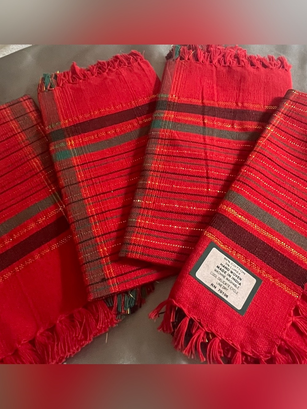Vintage Handwoven Red Plaid Cotton Fringe Christmas Table Napkins x4 From The90s